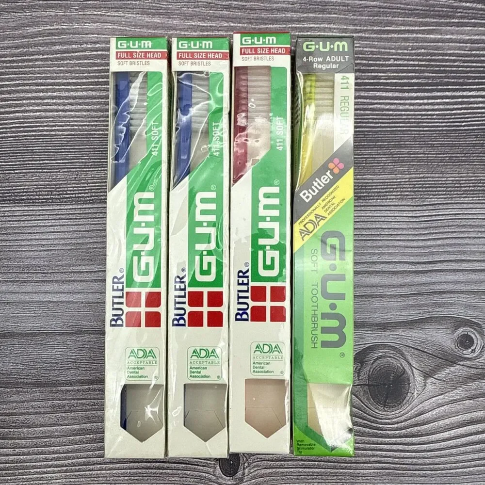 Lot 4 VTG Gum Butler 4-Row ADULT Full Size Head Toothbrush 411 Blue Yellow Red